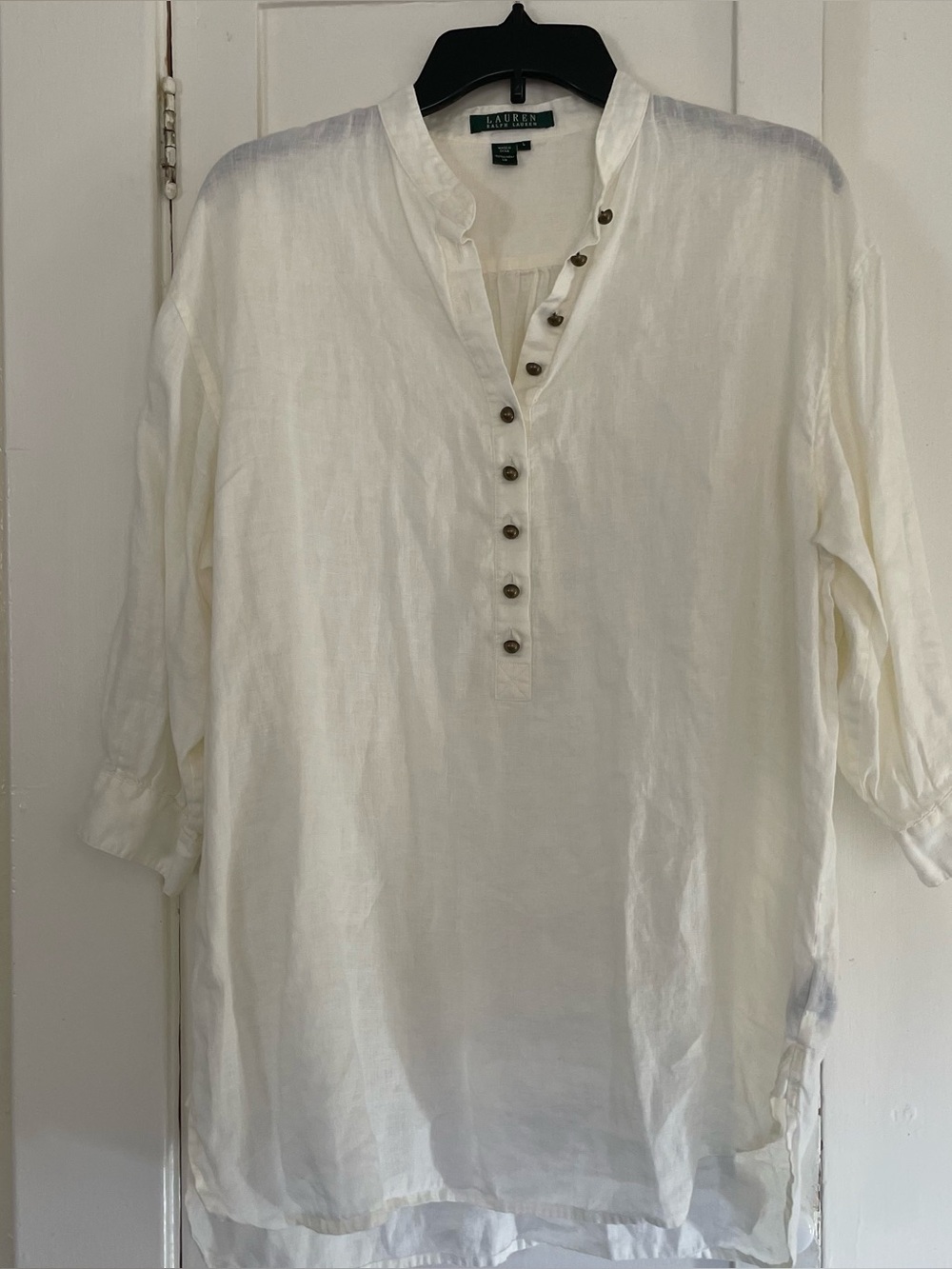 Ralph Lauren White Linen Button popover tunic blouse 3/4 sleeves large - Picture 1 of 8